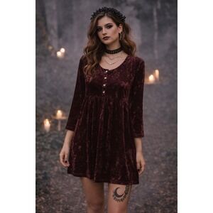 Paris Sport Club Women's S Burgundy Velvet‎ Babydoll Dress 90s Fairy Goth Grunge